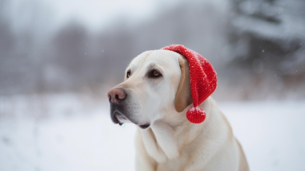 Un perro con un gorro de Papá Noel en la nieve.