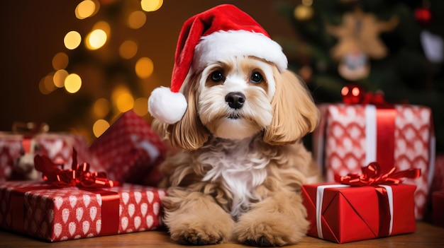 Un perro con gorro de Papá Noel sentado junto a un regalo envuelto