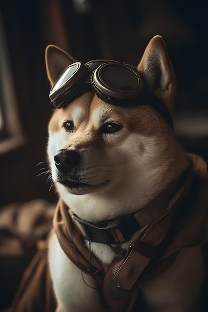 Un perro con gorro de piloto y bufanda.