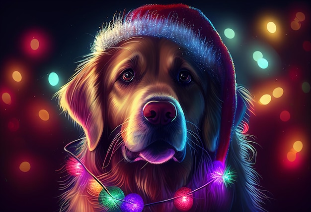 Perro con gorros navideños en el fondo de luces Generado por IA