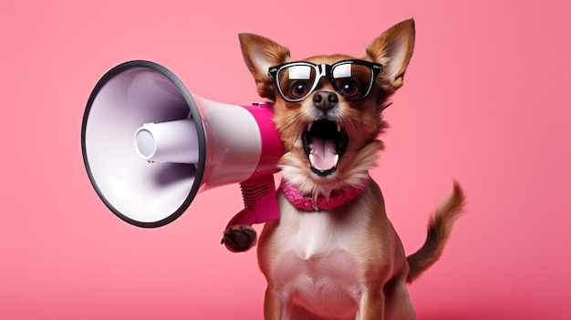 Perro gracioso con un altavoz y gritando