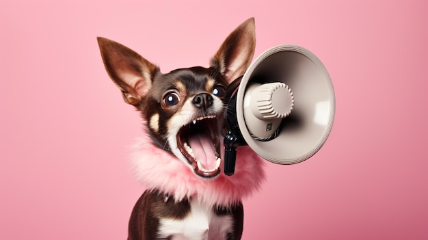 Perro gracioso con un altavoz y gritando