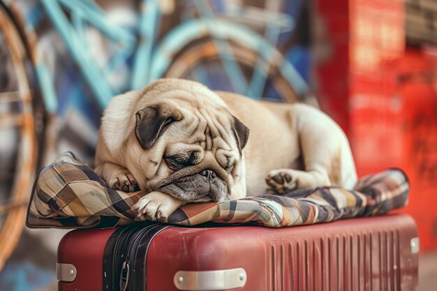 El perro gracioso duerme en el equipaje.