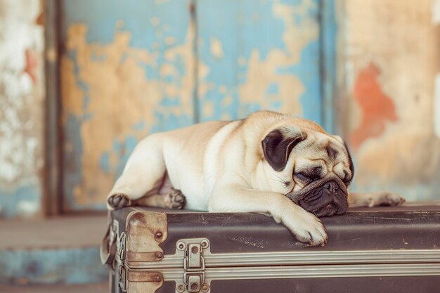 El perro gracioso duerme en el equipaje.