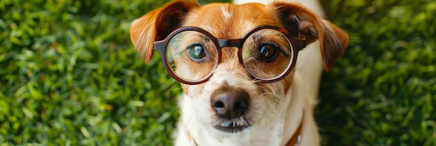 Perro gracioso con gafas redondas contra el fondo de hierba verde concepto del día de los tontos de abril