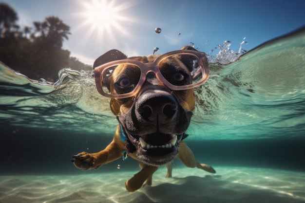 Perro gracioso con gafas saltando a aguas tropicales