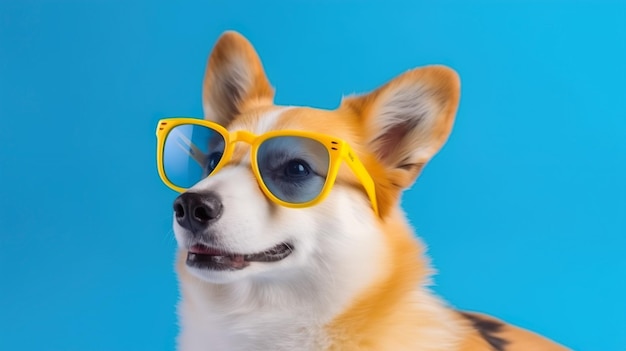 Perro gracioso con gafas de sol en un fondo de color azul pastel IA generativa