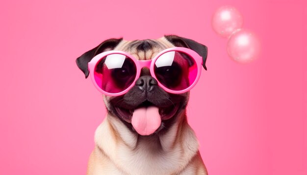 Foto perro gracioso con gafas de sol en el fondo del estudio