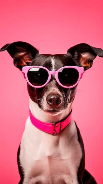 Perro gracioso con gafas de sol en el fondo del estudio