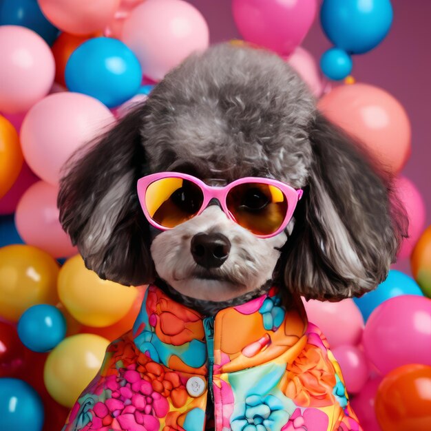 perro gracioso con gafas de sol y globos de colores