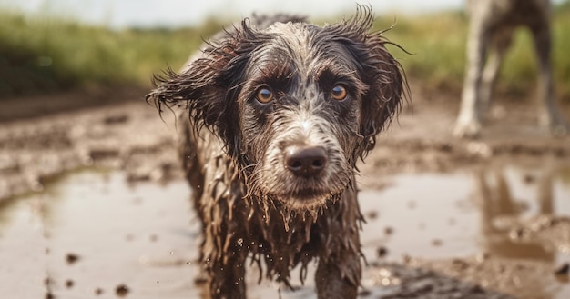 Perro gracioso jugando en un charco de lodo