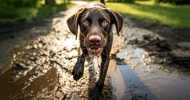 Perro gracioso jugando en un charco de lodo