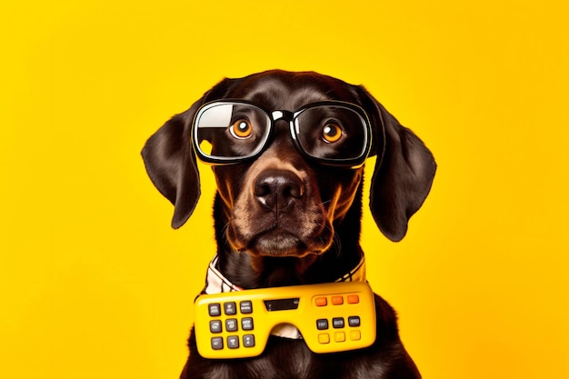 Foto perro gracioso mascota finanzas financiero negocio banquero fondo humor animal amarillo ia generativa