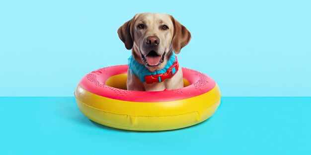 Perro gracioso relajándose en una piscina flotando en el agua concepto de verano amor mascota amistad