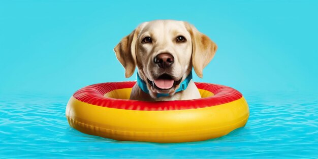 Perro gracioso relajándose en una piscina flotando en el agua concepto de verano amor mascota amistad