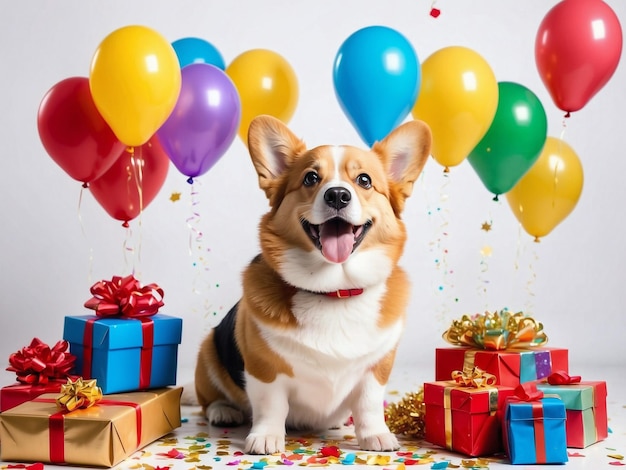 Un perro gracioso sonriendo en la fiesta con regalos de globos y confeti aislados sobre un fondo blanco