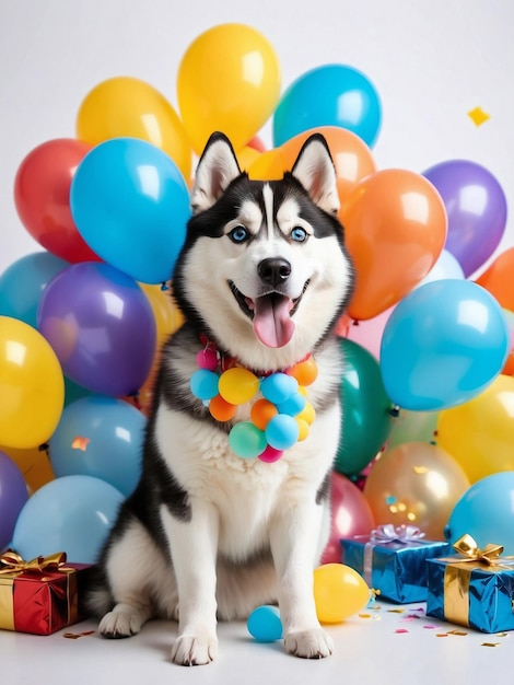 Un perro gracioso sonriendo en la fiesta con regalos de globos y confeti aislados sobre un fondo blanco