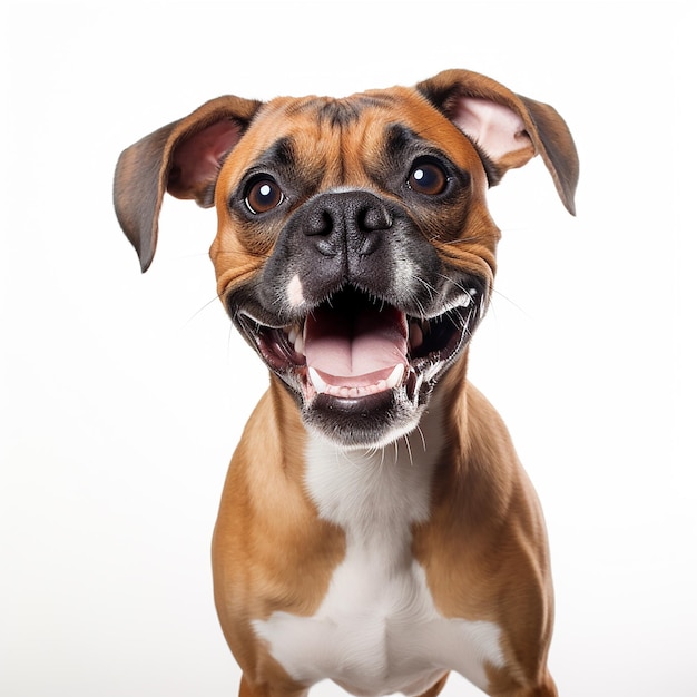 Un perro con una gran sonrisa en su rostro.