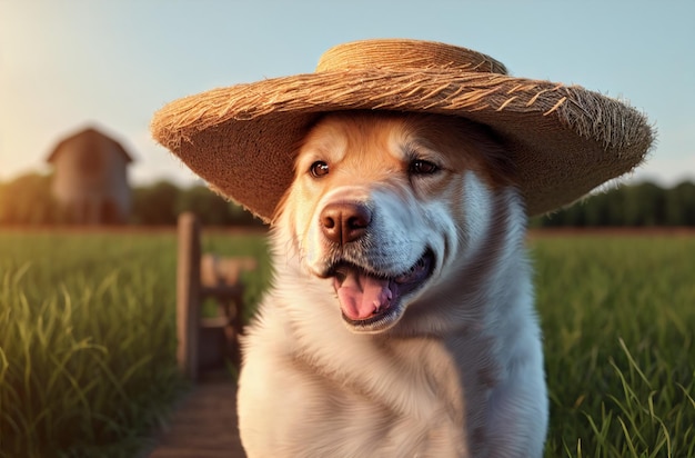 Perro granjero lindo en un sombrero de paja en una granja en un día soleado de verano