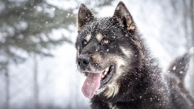 Un perro gris con ojos marrones mira a lo lejos en el bosque en invierno