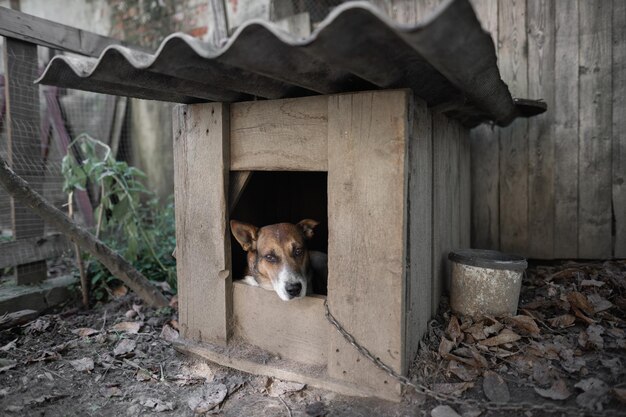 Un perro guardián solitario y triste en una cadena cerca de una casa de perros al aire libre