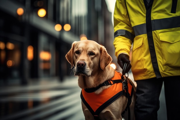 El perro guía con un comportamiento tranquilo y concentrado conduce a la persona ciega con confianza proporcionando