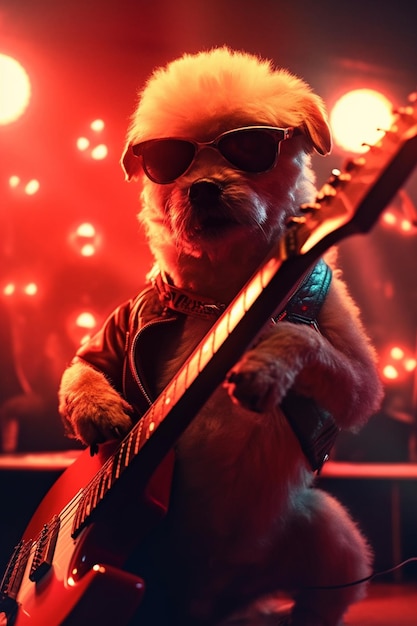 Un perro con una guitarra en la cabeza toca una guitarra.