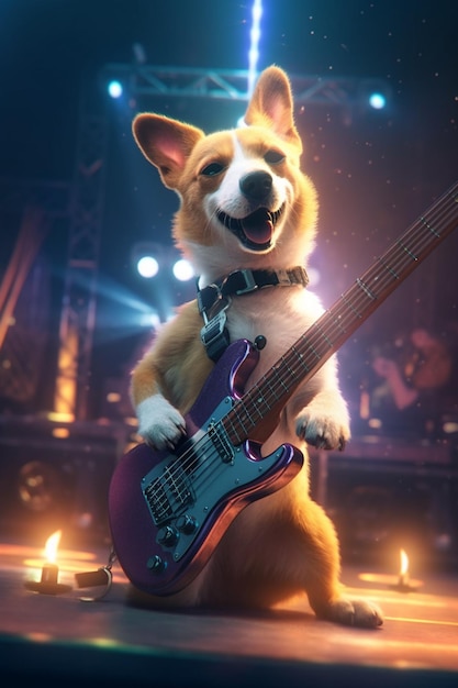 Perro con una guitarra en la cabeza tocando un bajo