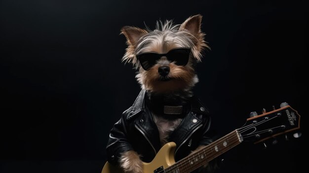 Un perro con una guitarra en la cabeza.