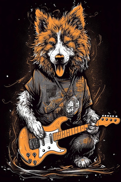 Un perro con una guitarra en la camisa.