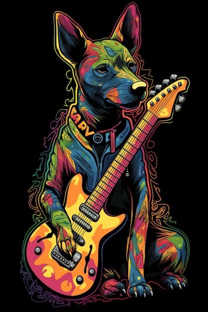 Un perro con una guitarra en el cuello está sentado frente a un fondo negro.