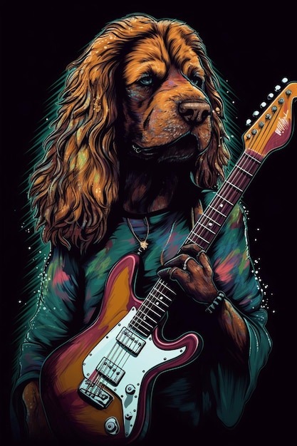 Un perro con una guitarra está tocando una guitarra.