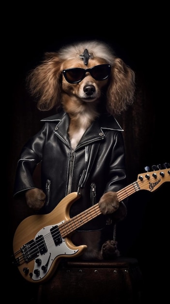 Un perro con una guitarra en las manos toca una guitarra.