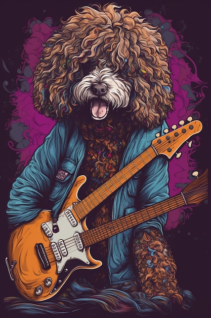 Un perro con una guitarra sostiene una guitarra.