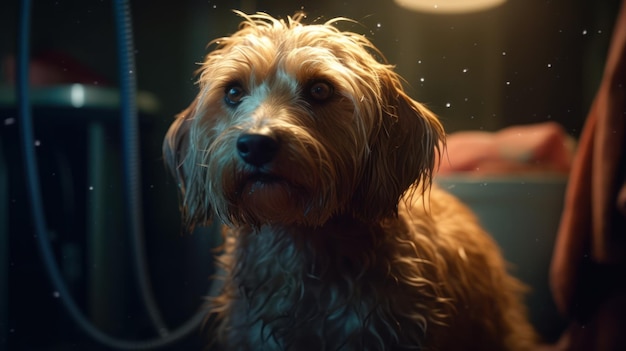 Un perro en una habitación oscura con una luz en la pared.