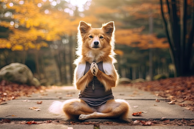 Perro haciendo yoga en el parque de otoño IA generativa