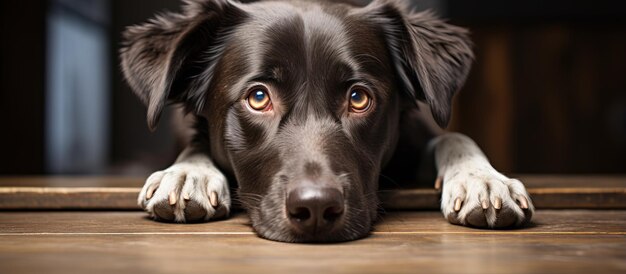 Un perro hambriento con un tazón vacío esperando tristemente