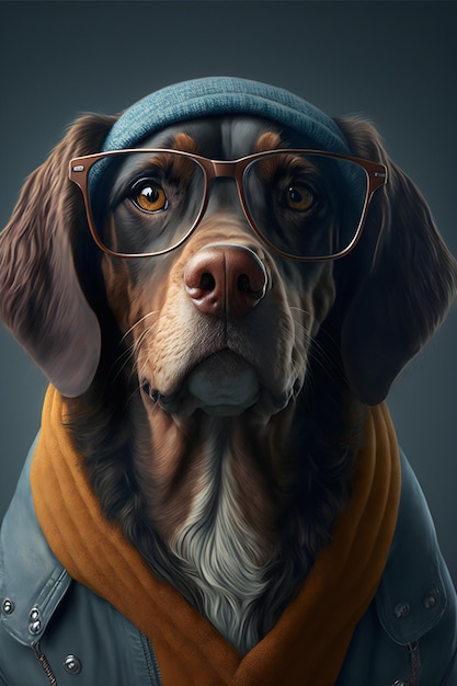 Perro hipster con ropa y gafas. retrato de perro. IA generativa