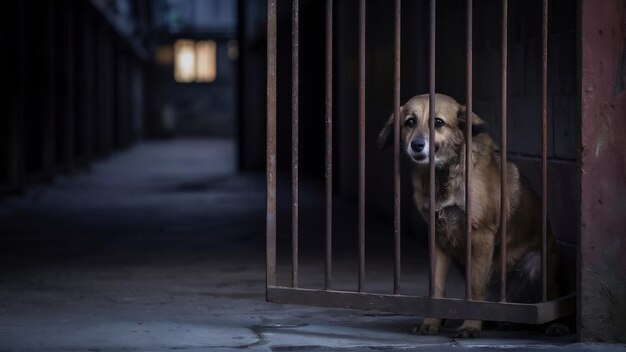 Foto el perro sin hogar detrás de las rejas mira con grandes ojos tristes