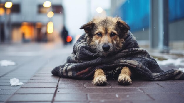 Foto un perro sin hogar en una manta está en la calle de la ciudad.