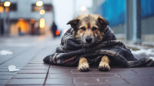 Un perro sin hogar en una manta está en la calle de la ciudad.