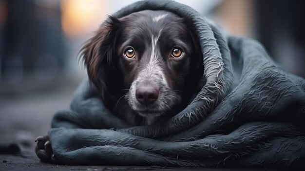 Un perro sin hogar con una manta está en la calle de la ciudad.