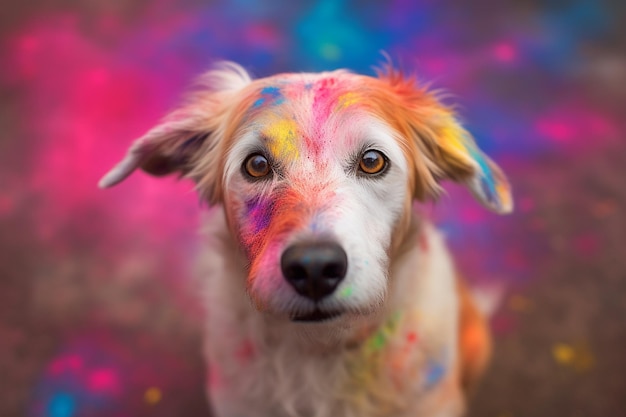Perro en Holi Festival con polvos de colores en la cara