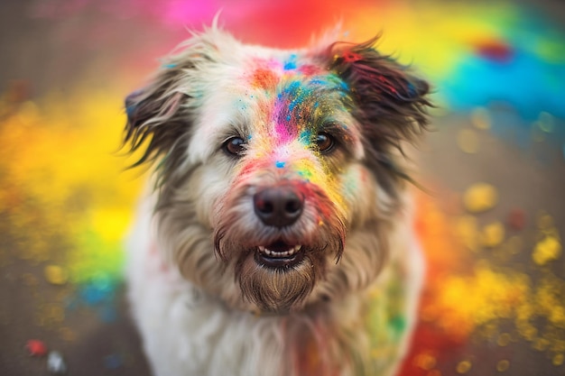 Perro en Holi Festival con polvos de colores en la cara