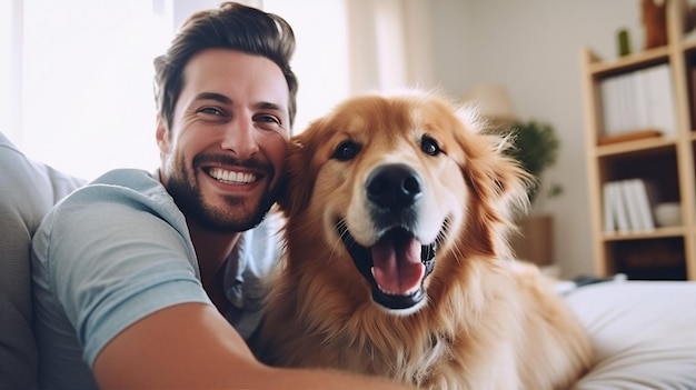 Perro y hombre felices juntos amigo de la gente en casa