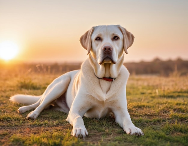 un perro con un hueso en la boca está acostado en la hierba con el sol detrás de él