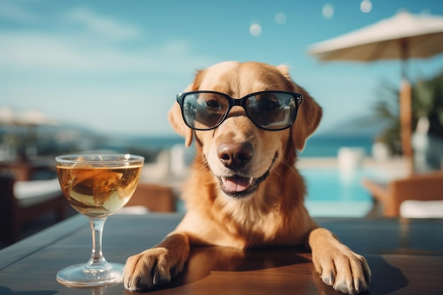 Un perro humorístico disfrutando de cócteles en el bar Generative Ai