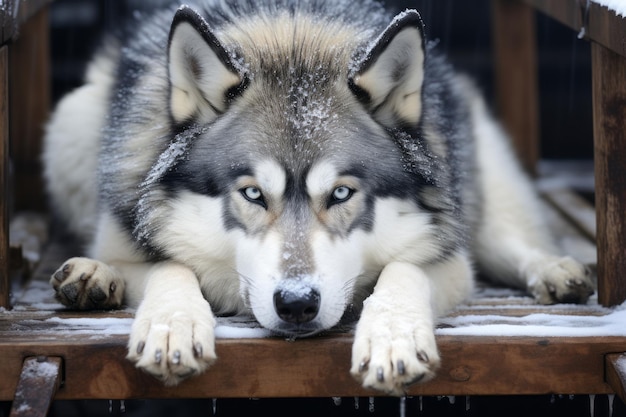 un perro husky acostado en la parte superior de un banco de madera en la nieve