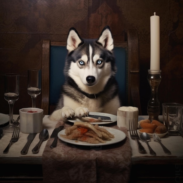 Perro husky arafado sentado en una mesa con un plato de comida AI Generative