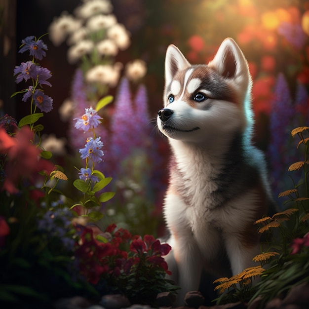 Perro husky Arafed sentado en un campo de flores con una luz brillante generativa ai